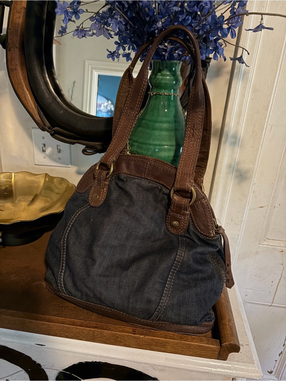 Lucky Brand Navy Denim Shoulder Bag with Brown Leather Trim